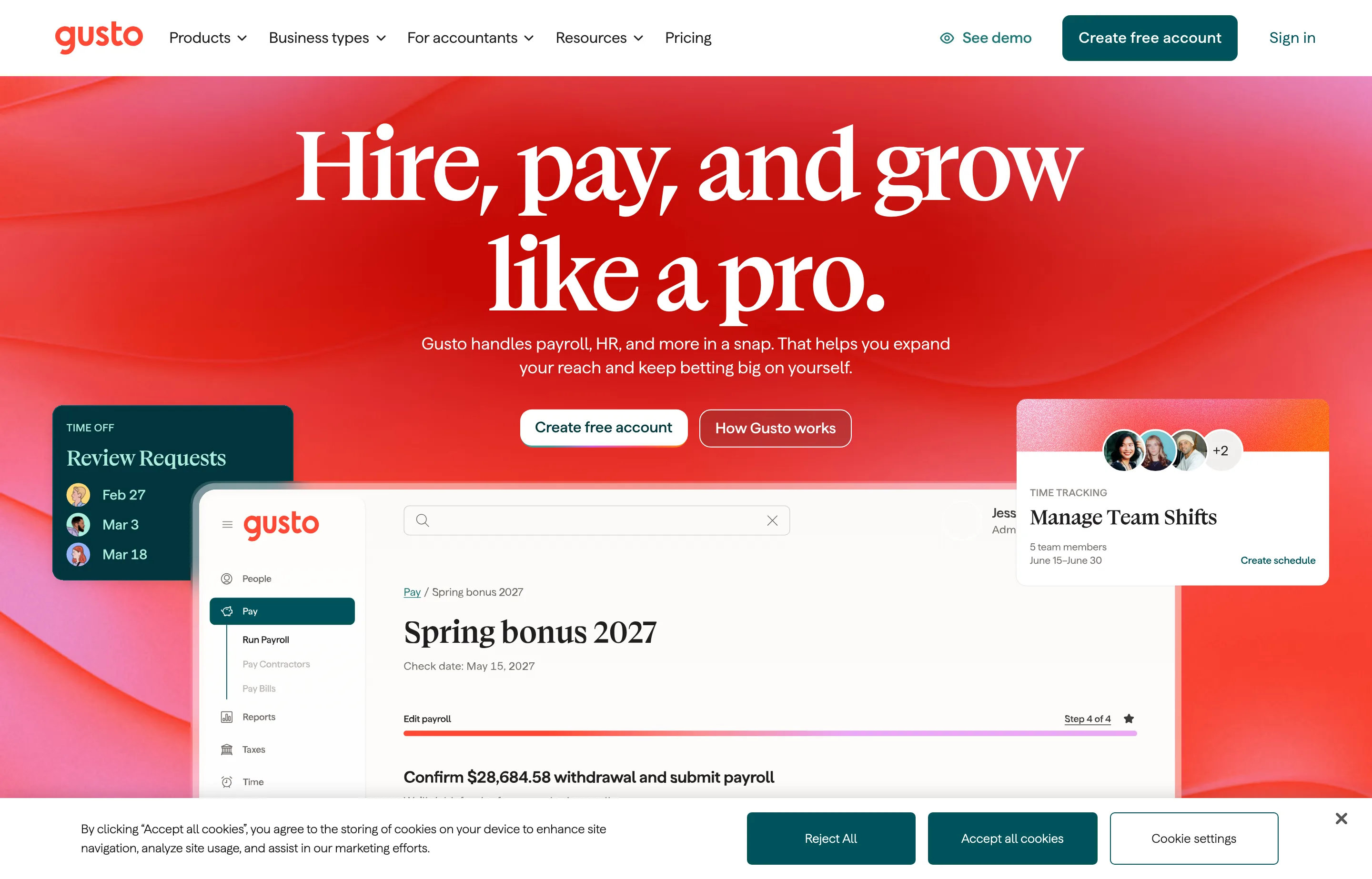 The Gusto website, payroll and HR platform for small businesses.
