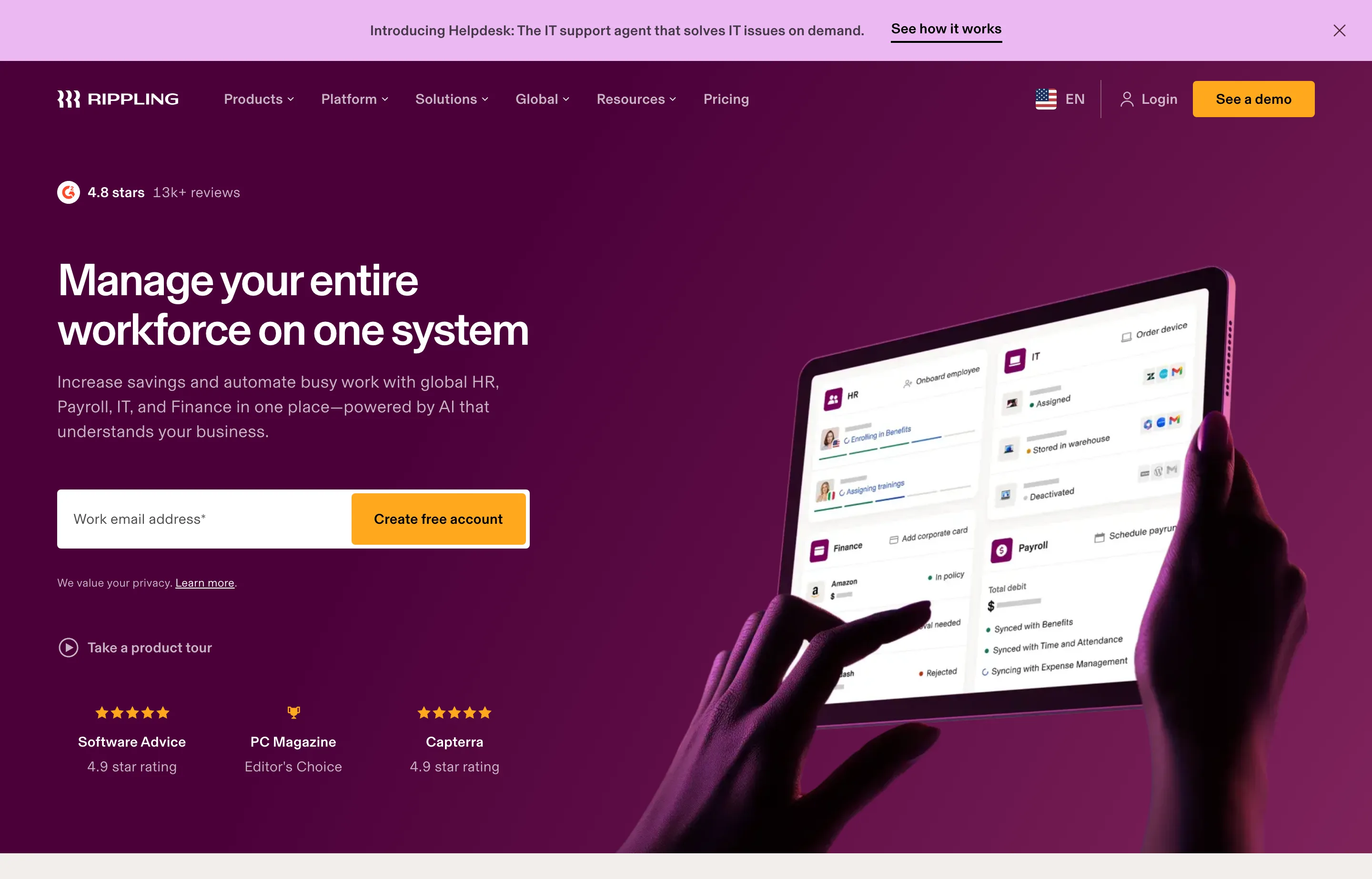 The Rippling website, HR, IT and payroll in one platform.