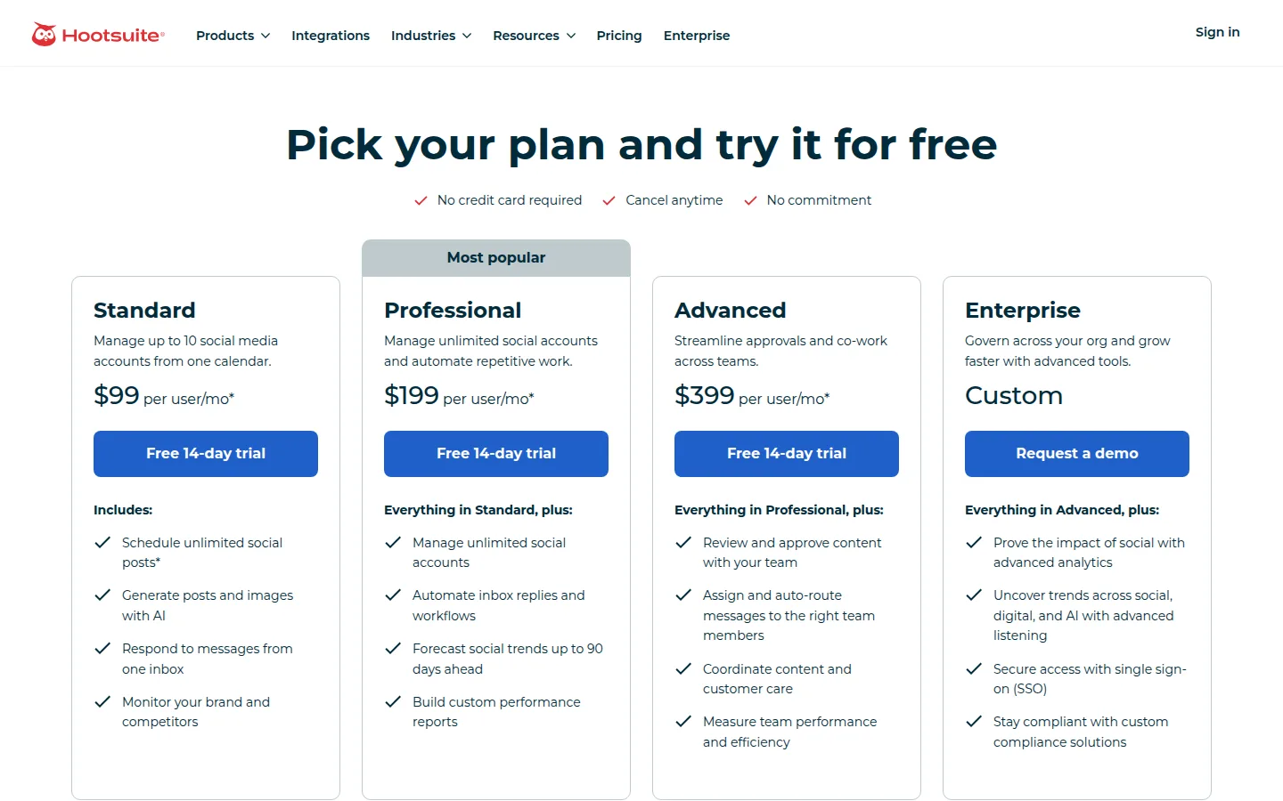The Hootsuite plans page, showing Standard, Professional, Advanced and Enterprise pricing.