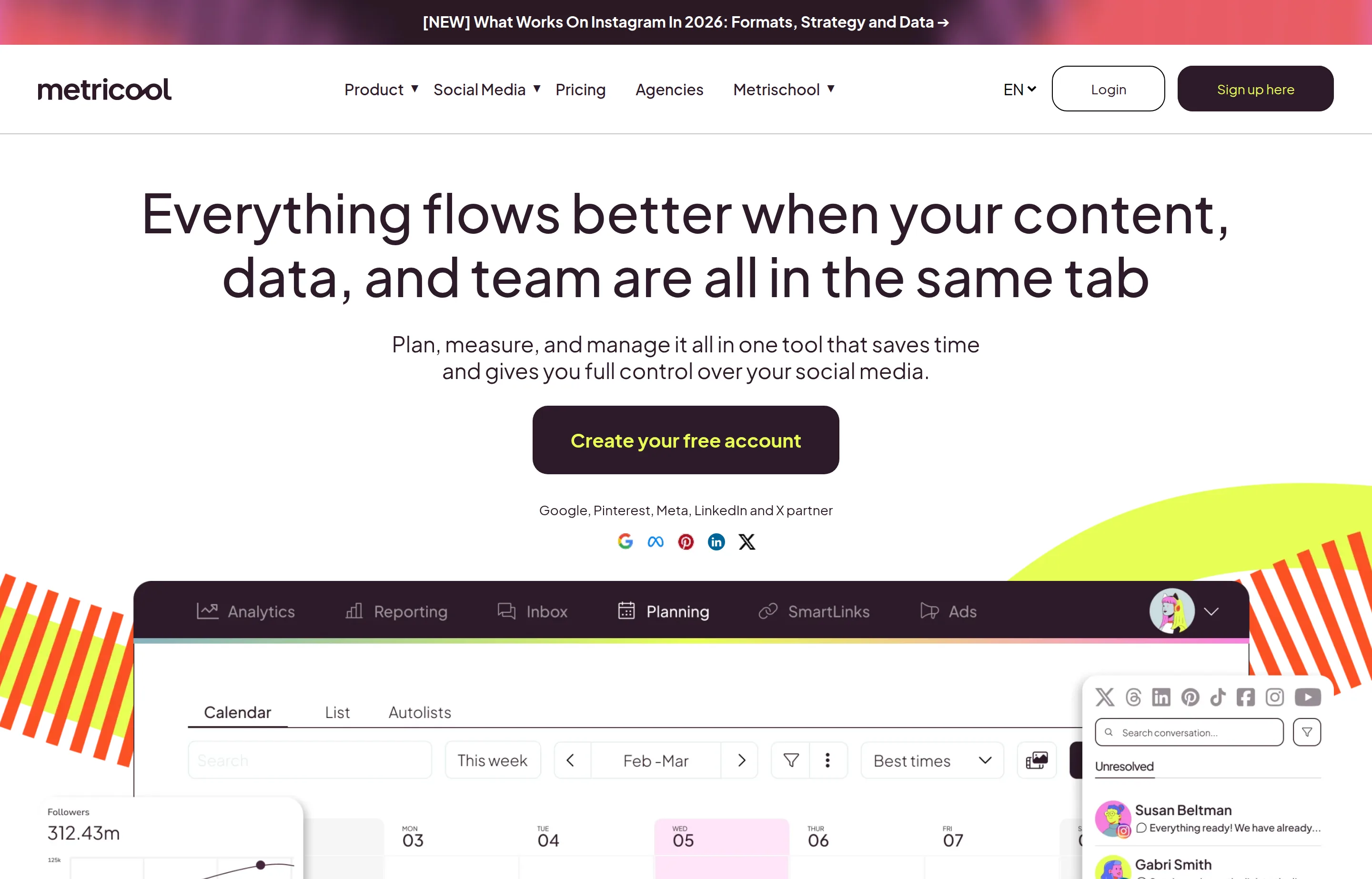 The Metricool website, planning, measuring and managing social content in one tab.