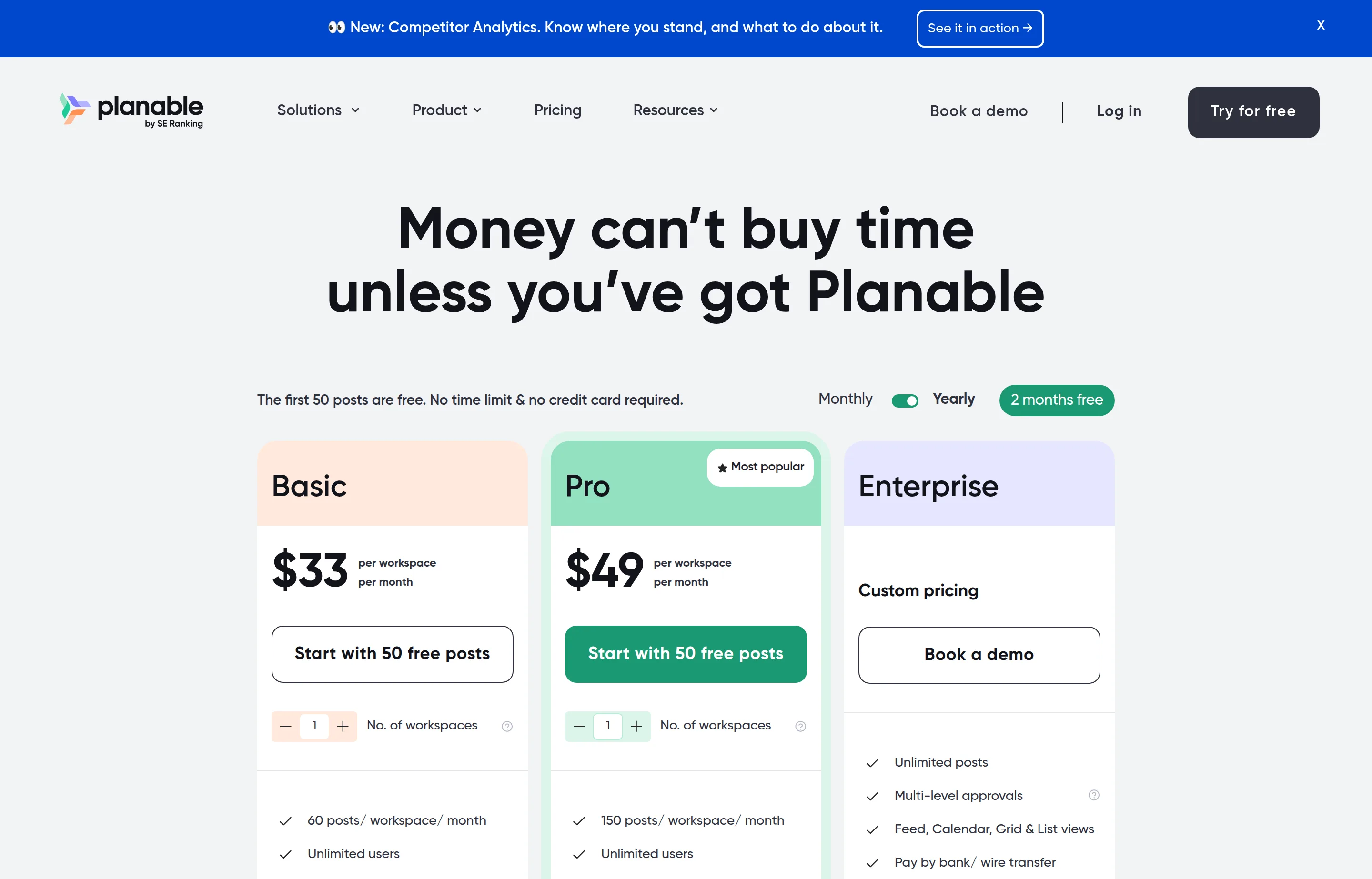 The Planable pricing page, showing Basic and Pro workspace plans with the first 50 posts free.