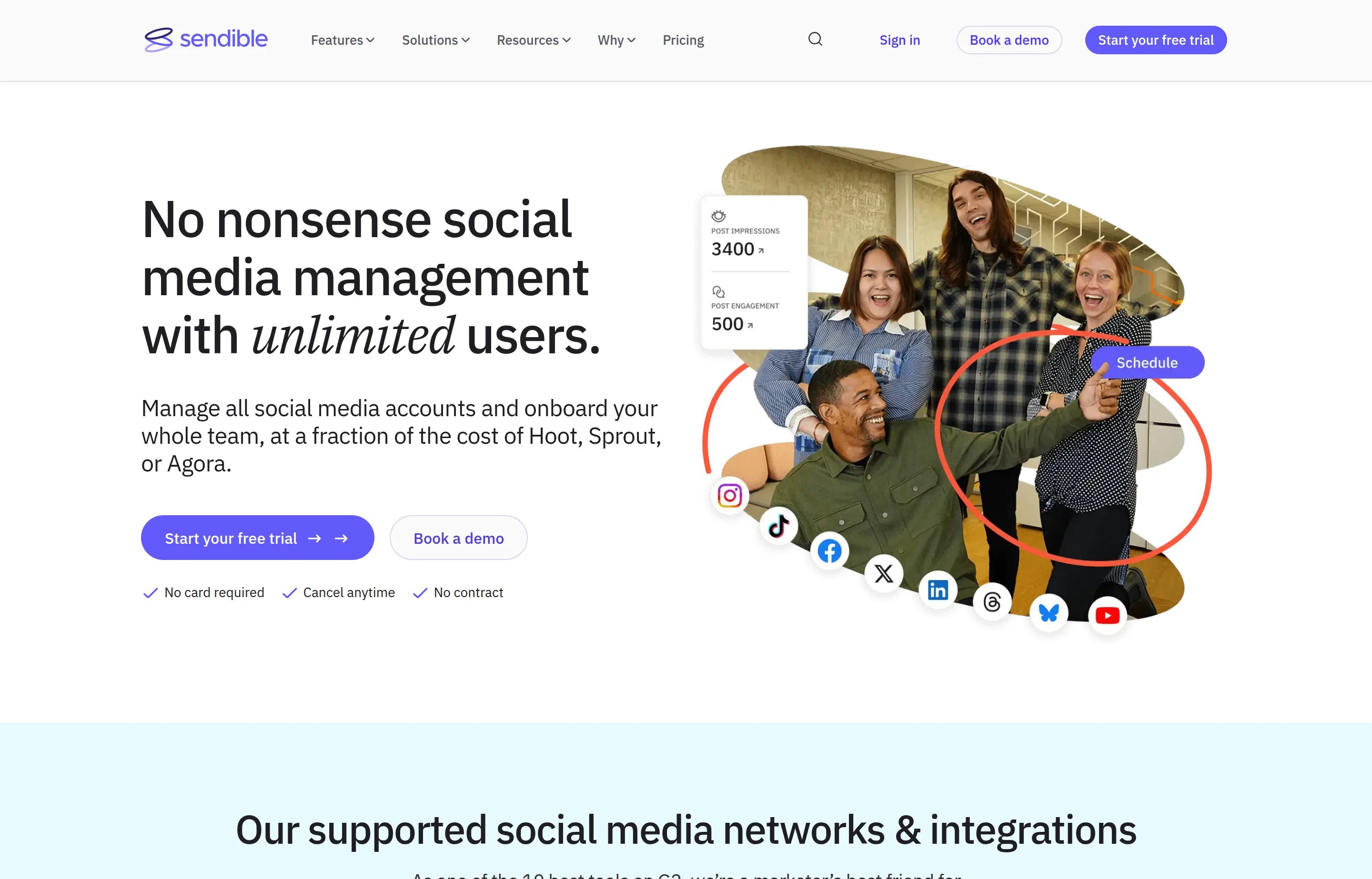 The Sendible website, social media management with unlimited users.