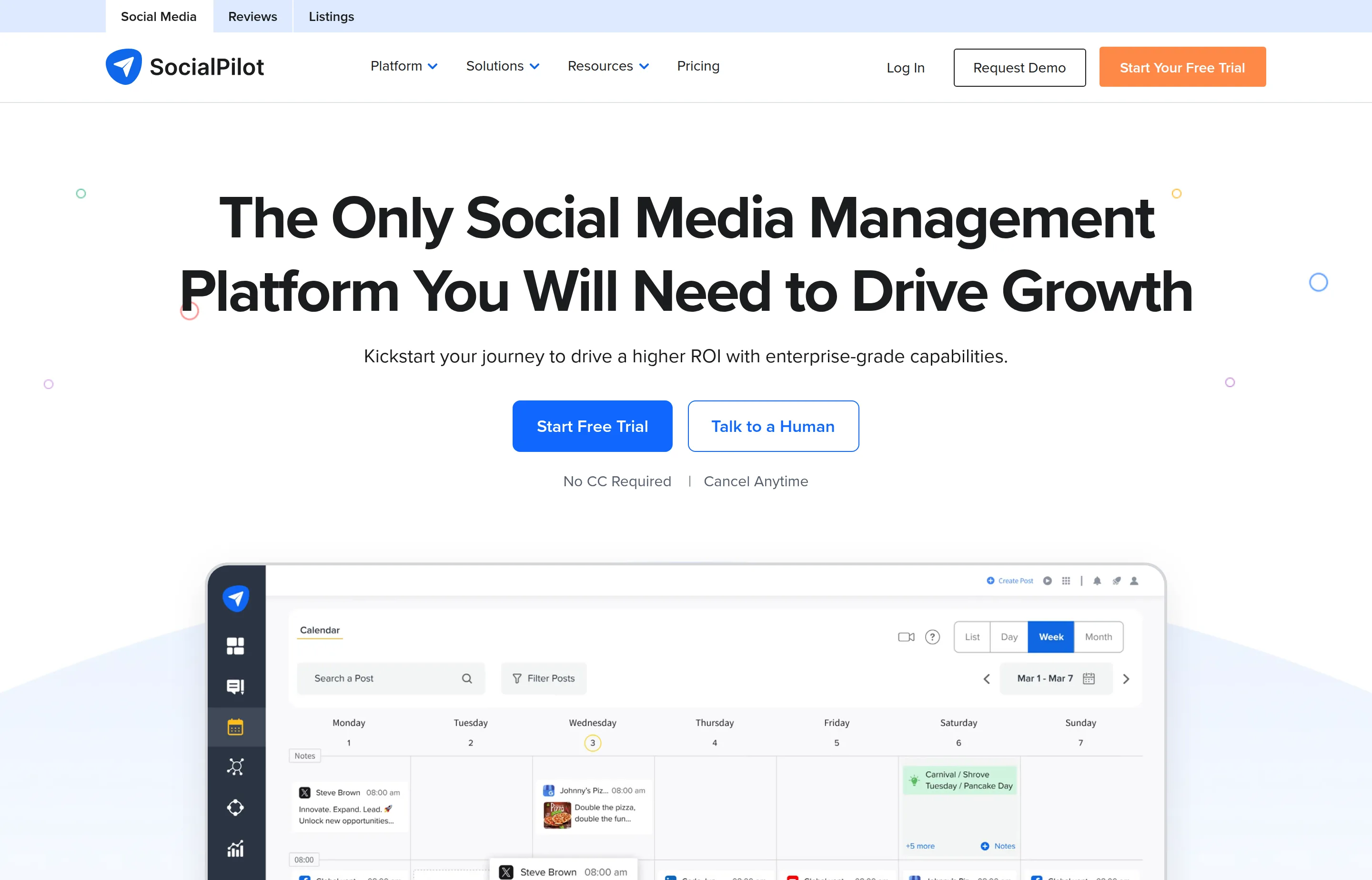 The SocialPilot website, a social media management platform for growth.