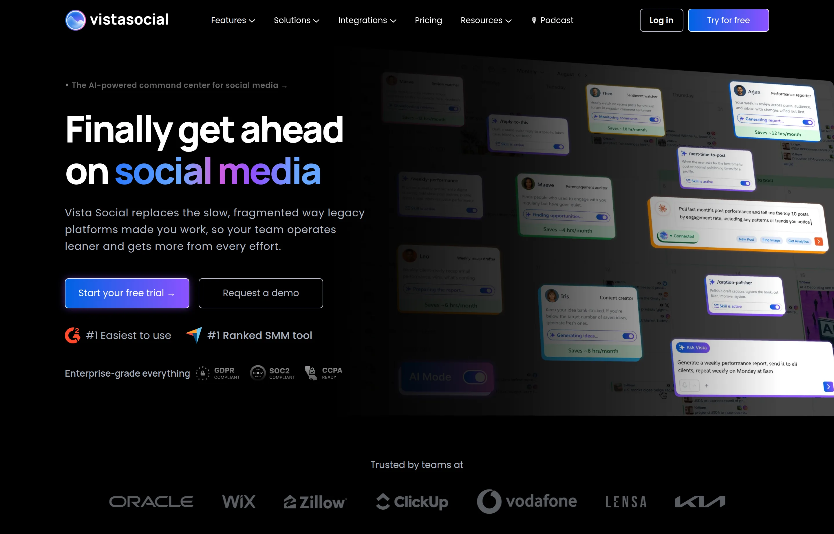 The Vista Social website, an AI-powered command center for social media.