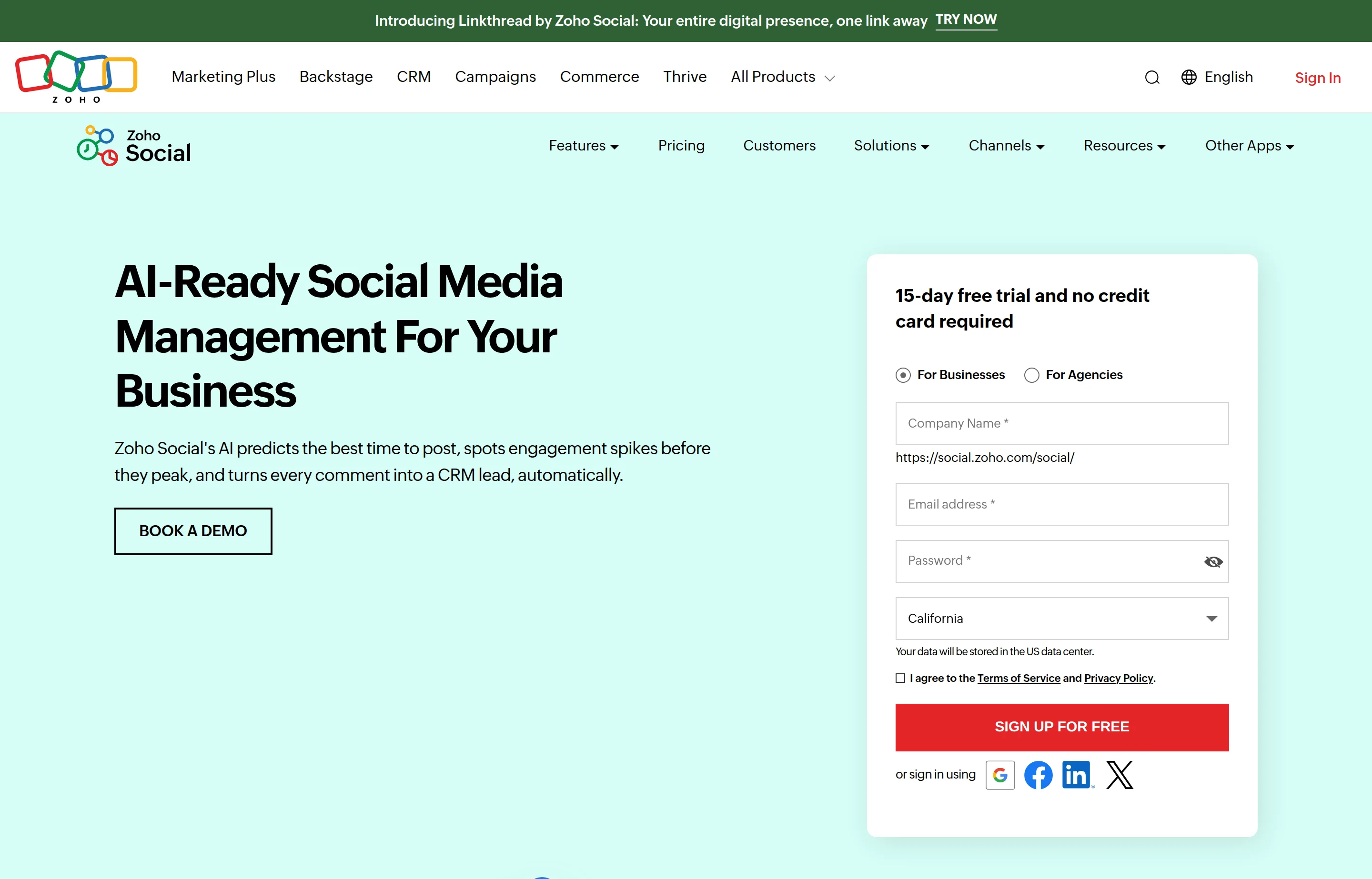 The Zoho Social website, AI-ready social media management for business.