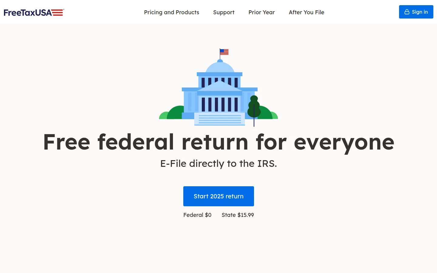 The FreeTaxUSA website, showing free federal filing and $15.99 state returns.