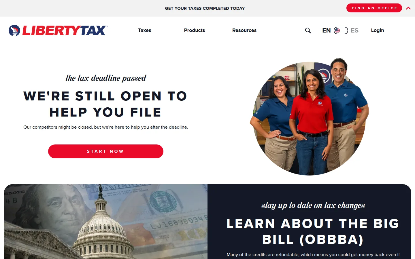 The Liberty Tax online filing page, DIY tax software and in-office preparation.
