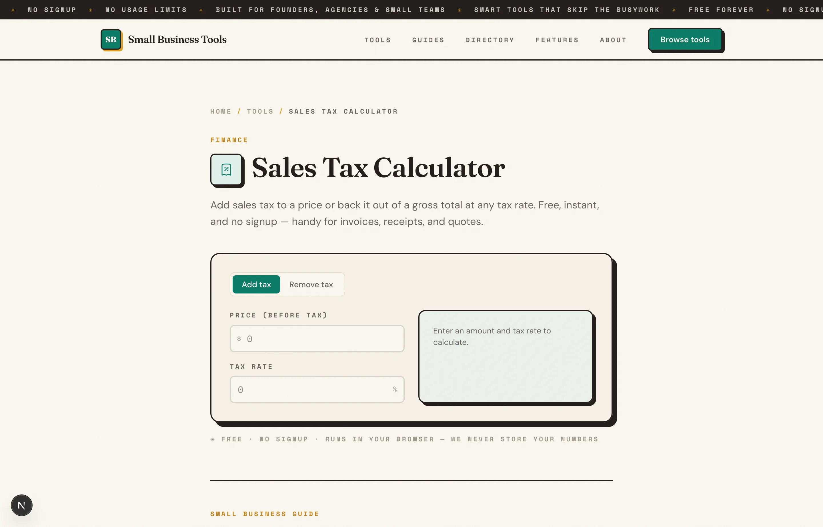 The Small Business Tools Sales Tax Calculator, showing inputs for a pre-tax amount, rate and result.