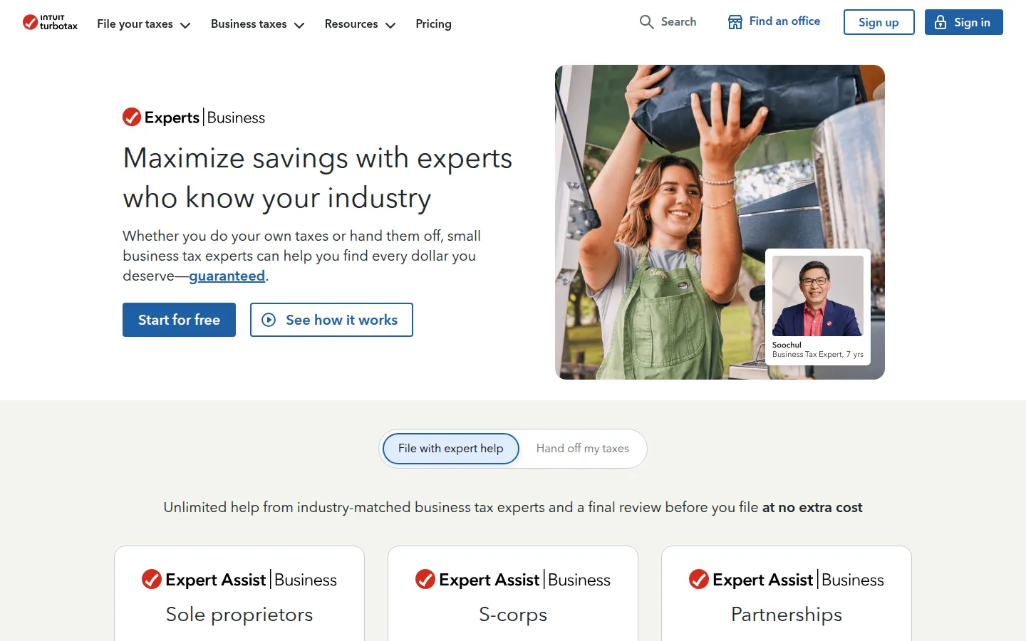 The TurboTax Business page, expert-assisted filing for S corps and partnerships.