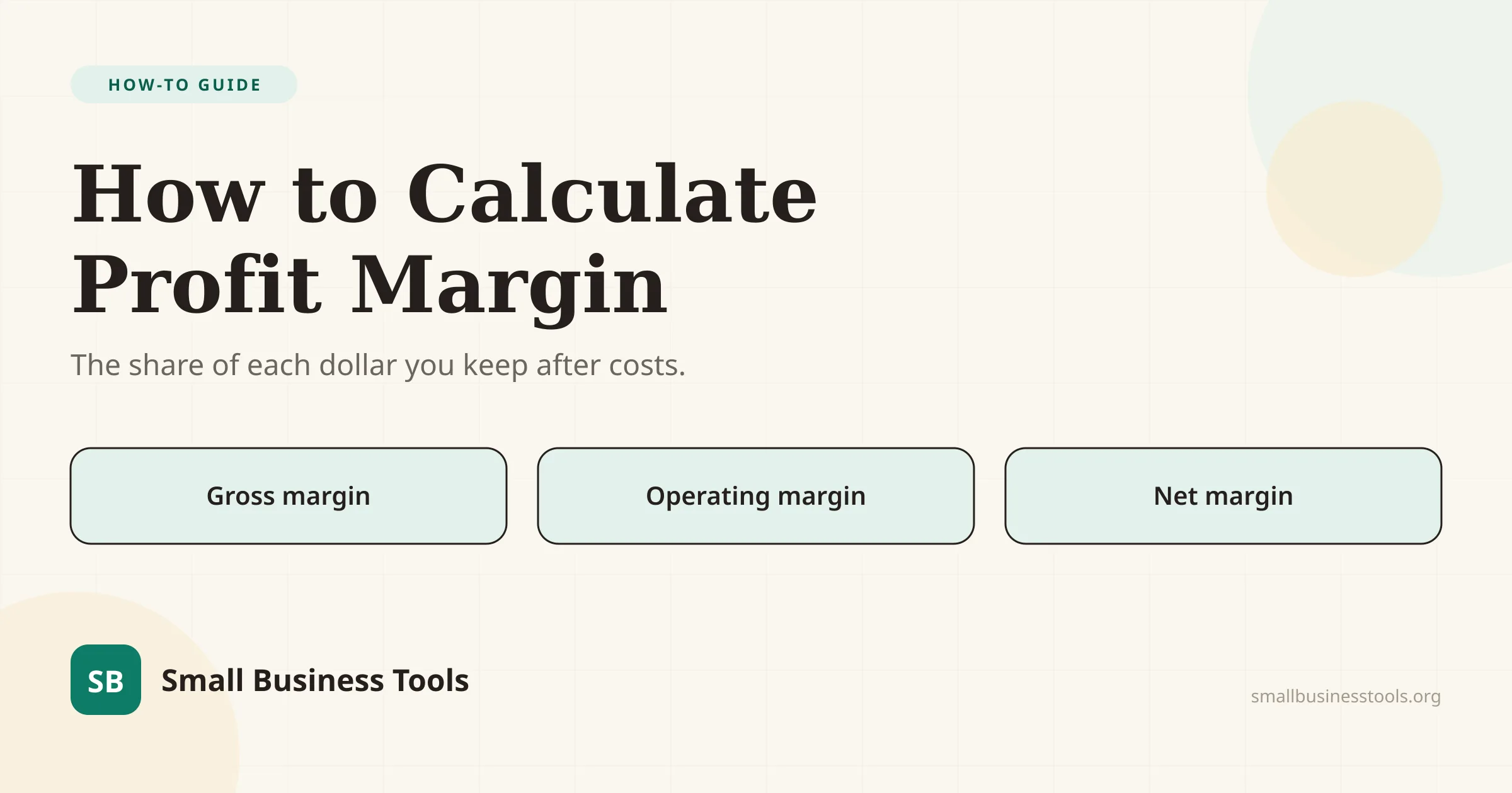 Editorial hero illustration for the guide How to Calculate Profit Margin, showing the core idea that margin is the share of each dollar you keep after costs, with three chips: gross, operating, and net margin.