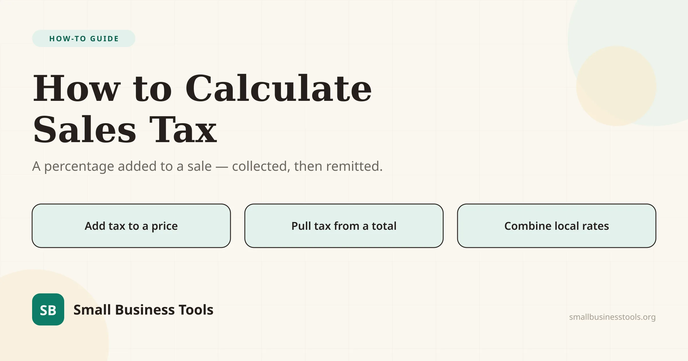 Editorial hero for the guide How to Calculate Sales Tax — a percentage added to a sale — covering three jobs: adding tax to a price, pulling tax from a total, and combining local rates.