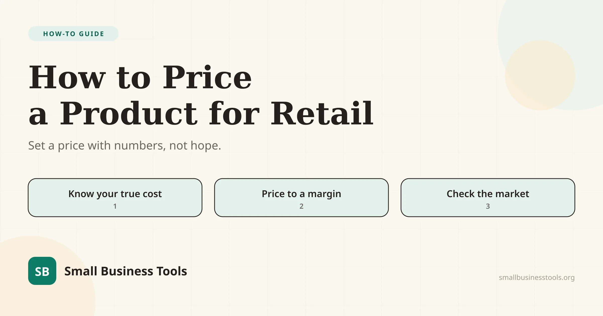 Editorial hero for the guide How to Price a Product for Retail — the three moves of good pricing: know your true cost, price to a target margin, and check against the market.