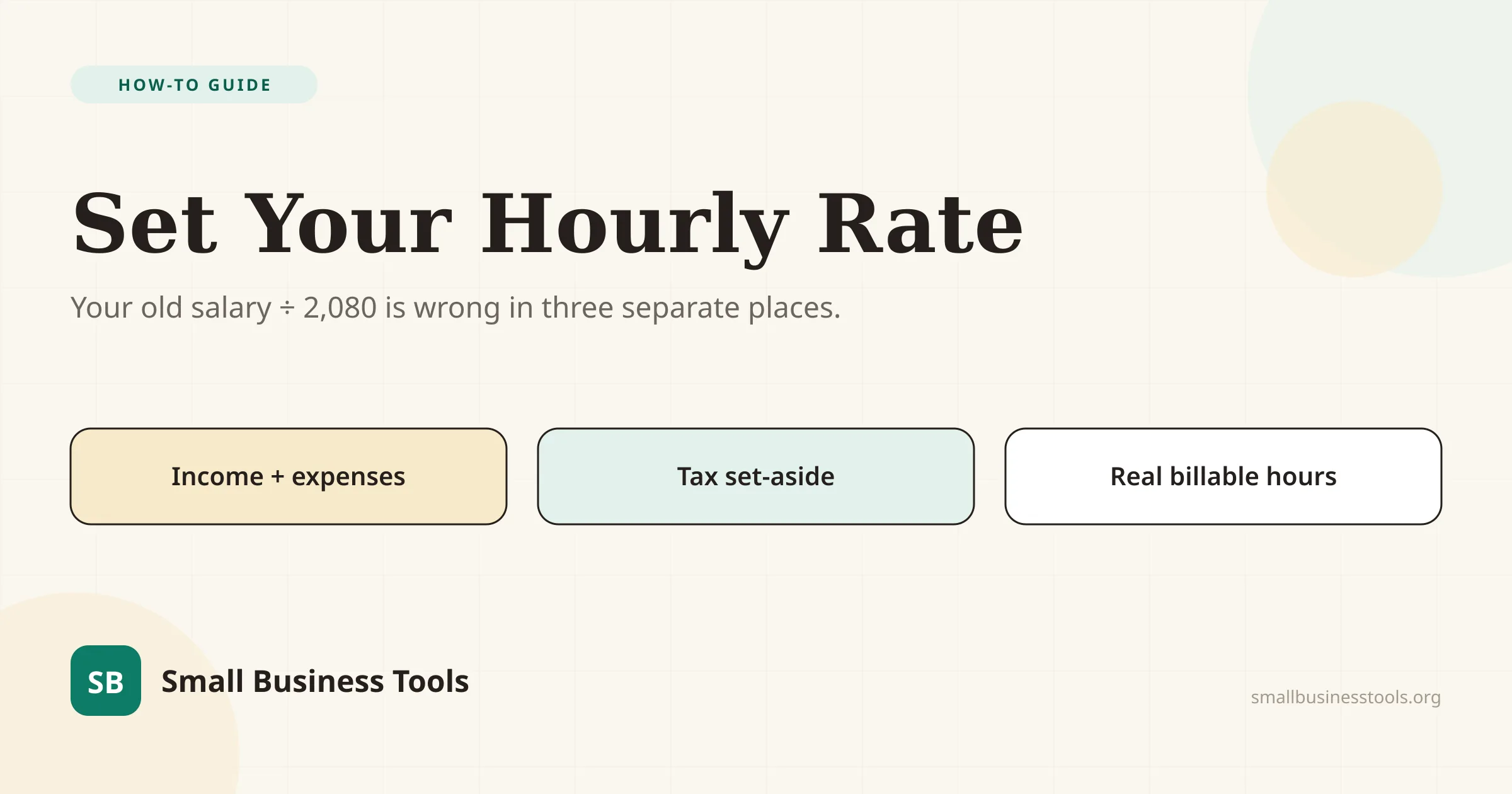 Editorial hero for the guide How to Set Your Hourly Rate — building a rate from target income, business expenses, taxes, and the real number of billable hours in a year.
