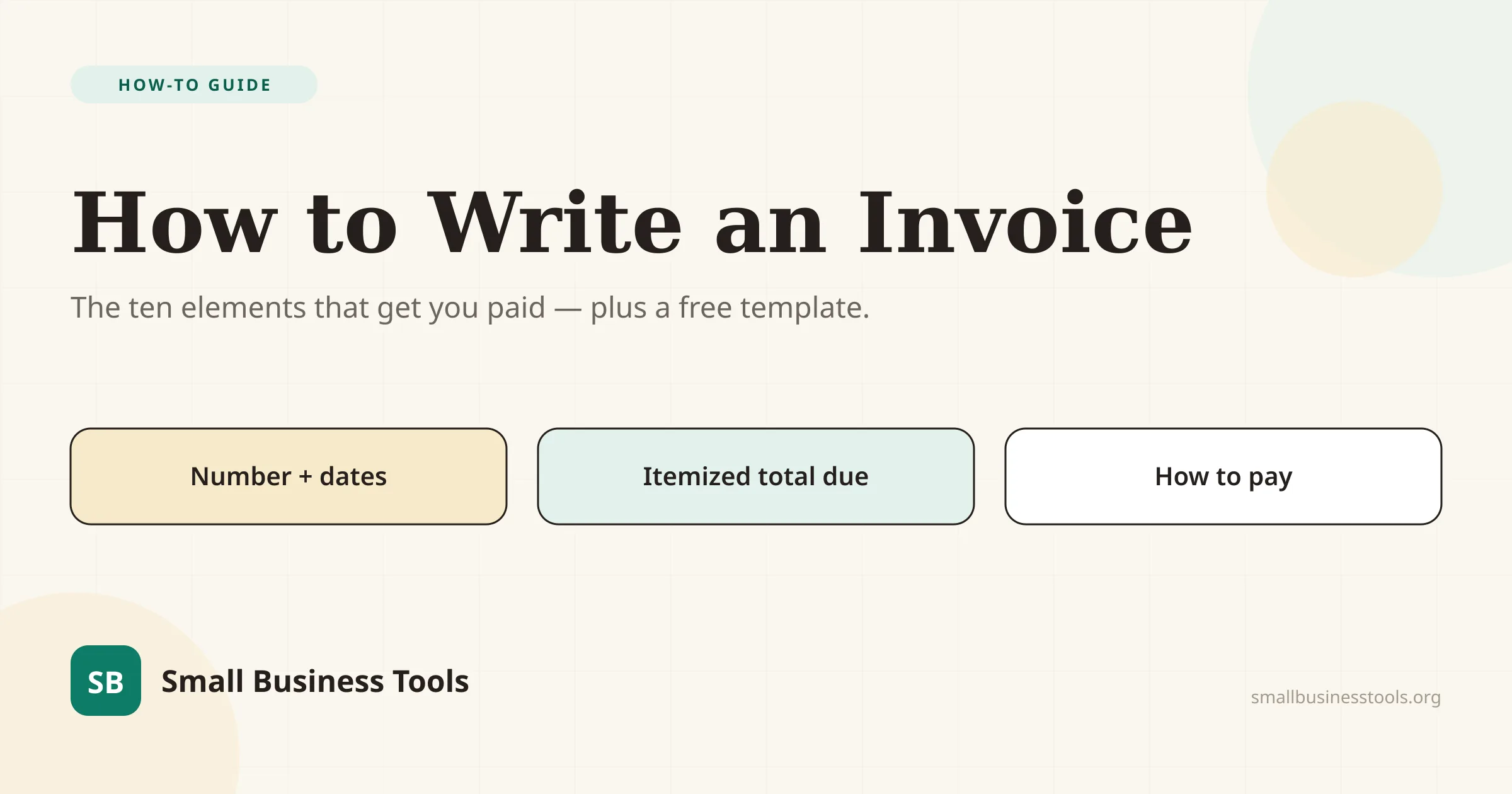 Editorial hero for the guide How to Write an Invoice with a free template — showing that a complete invoice needs a number, dates, itemized work, a total due, and payment instructions.