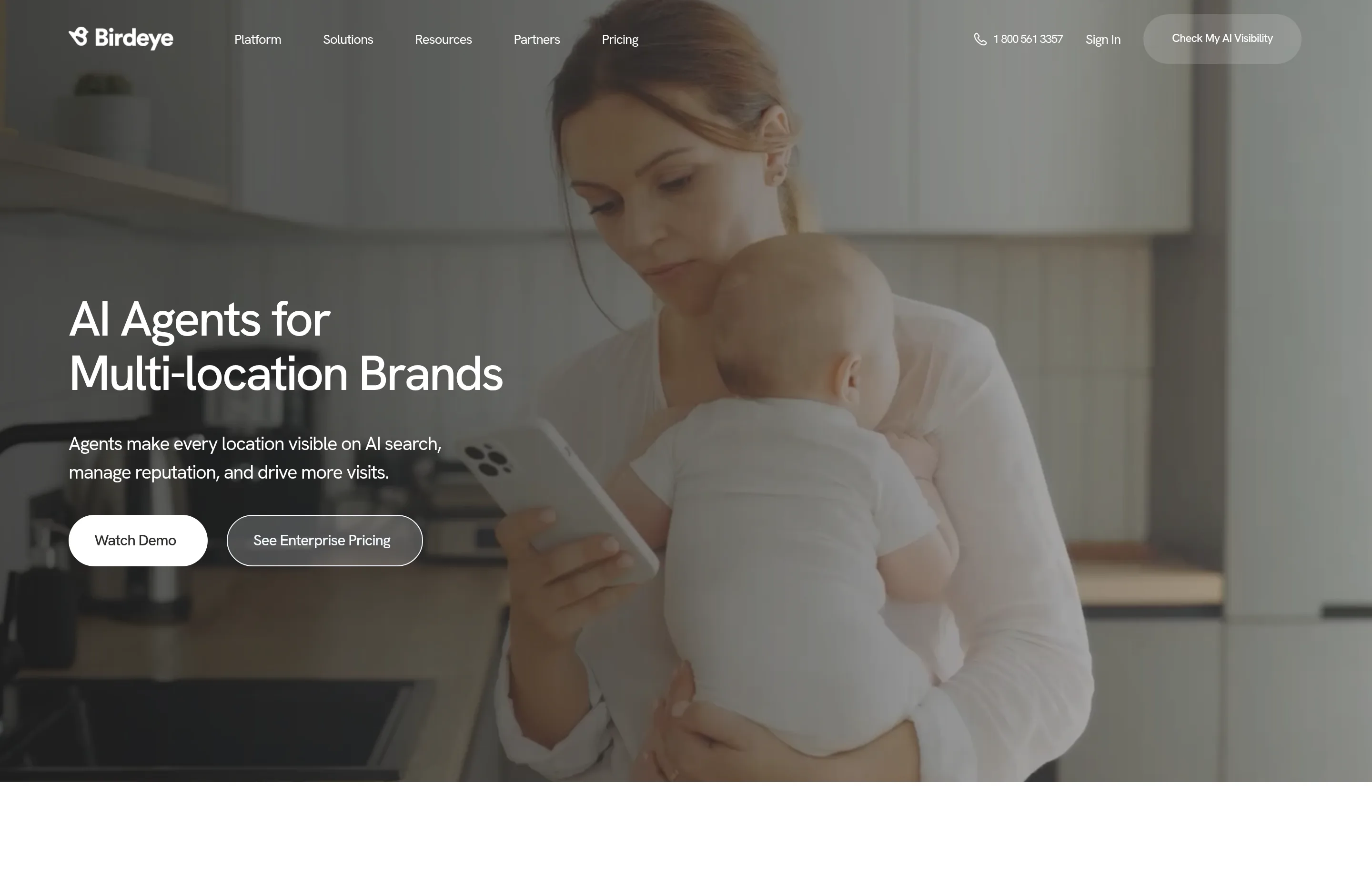 The Birdeye homepage, showing its reputation, messaging, and listings platform for multi-location brands.