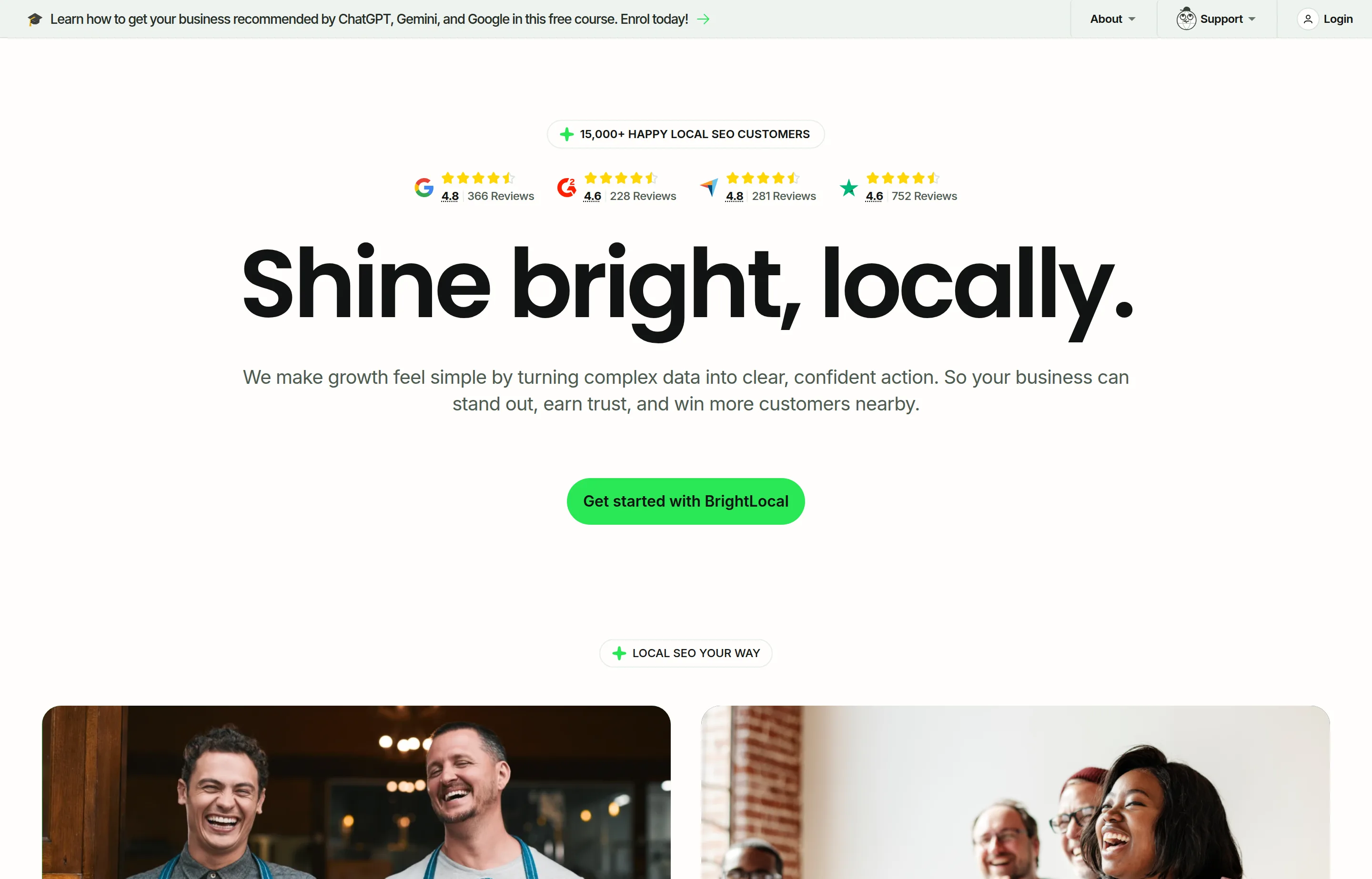 The BrightLocal homepage, showing its local SEO platform with rating badges from Google, G2, and Trustpilot above the headline "Shine bright, locally."
