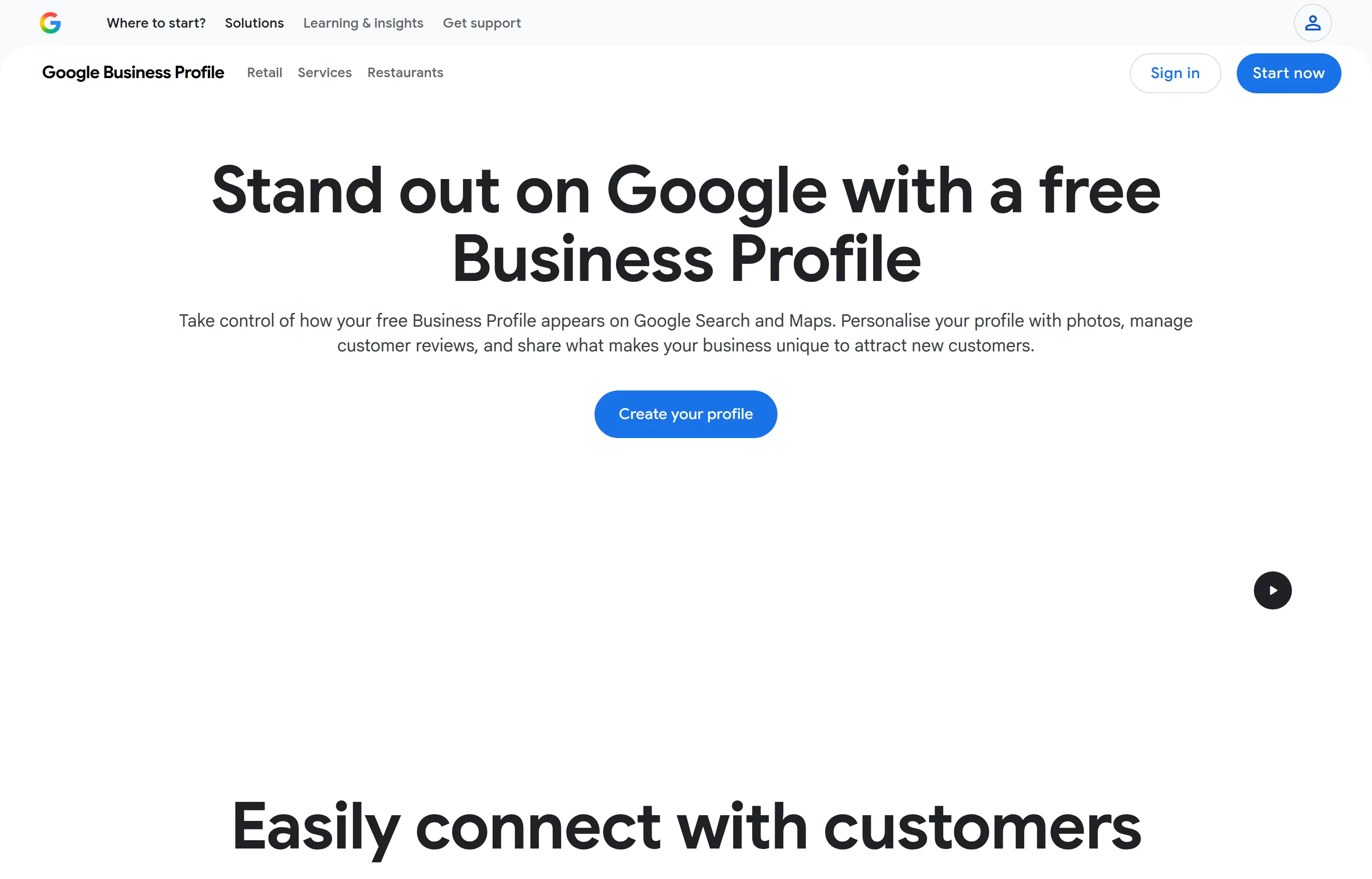 The Google Business Profile page, showing the free product for managing how a business appears on Google Search and Maps.