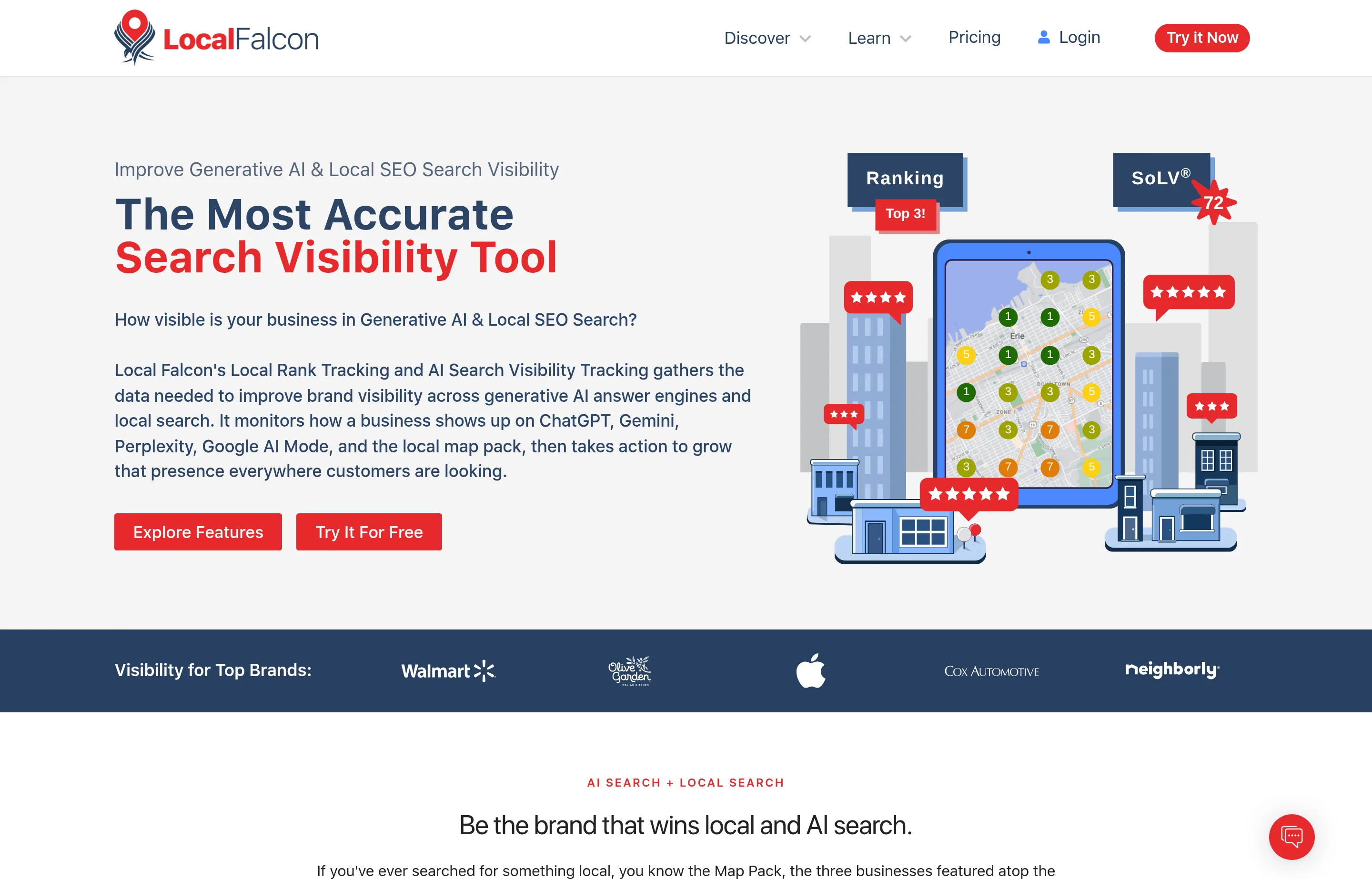 Local Falcon's homepage, showing its geo-grid local rank tracking product with a map grid of ranking positions and its Share of Local Voice metric.