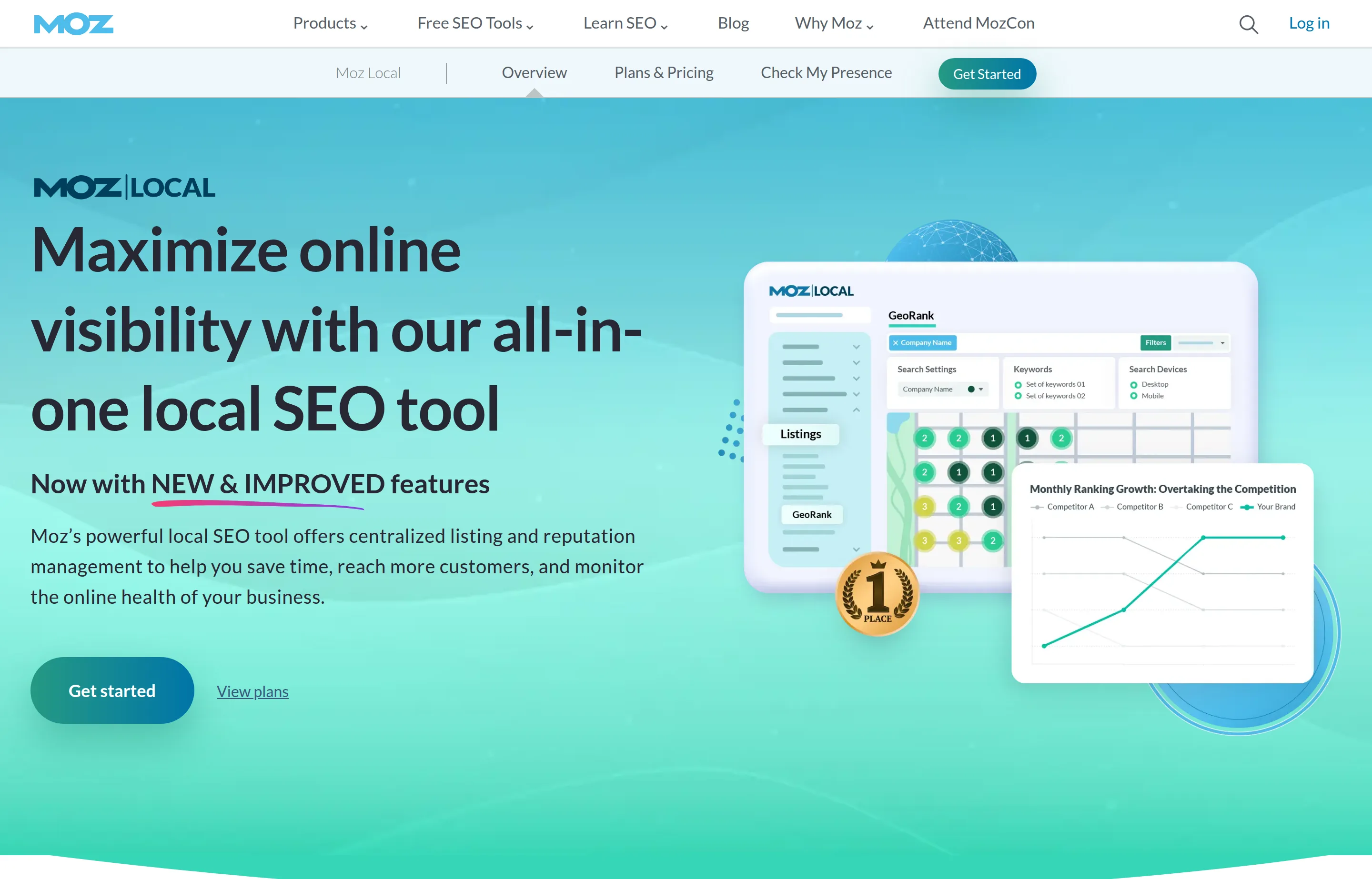 The Moz Local product page, showing its local listings management and visibility tools.