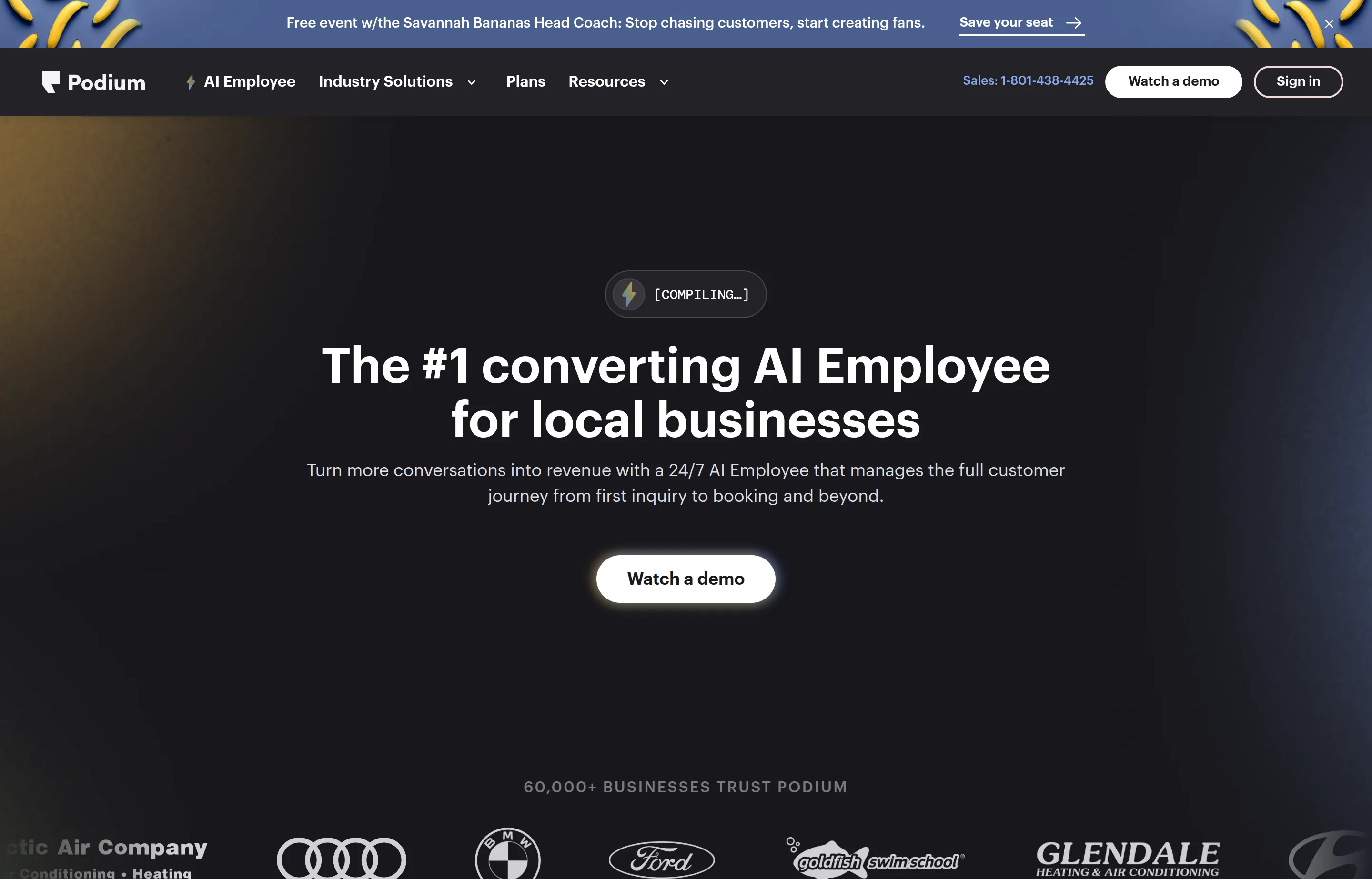 The Podium homepage, showing its AI lead conversion and customer messaging platform.