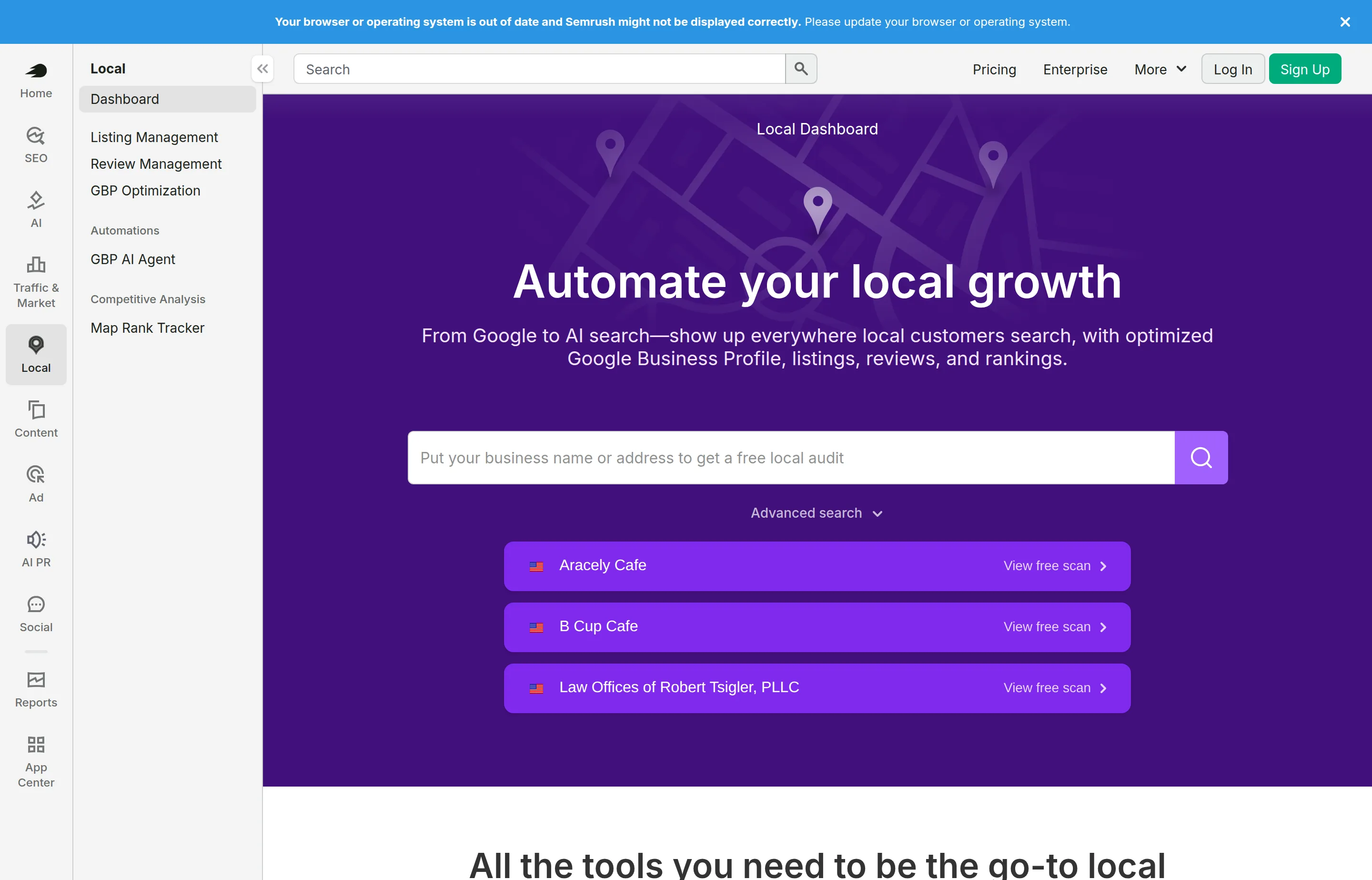 The Semrush Local product page, showing its local SEO toolkit for listings management, review handling, and local rank tracking.