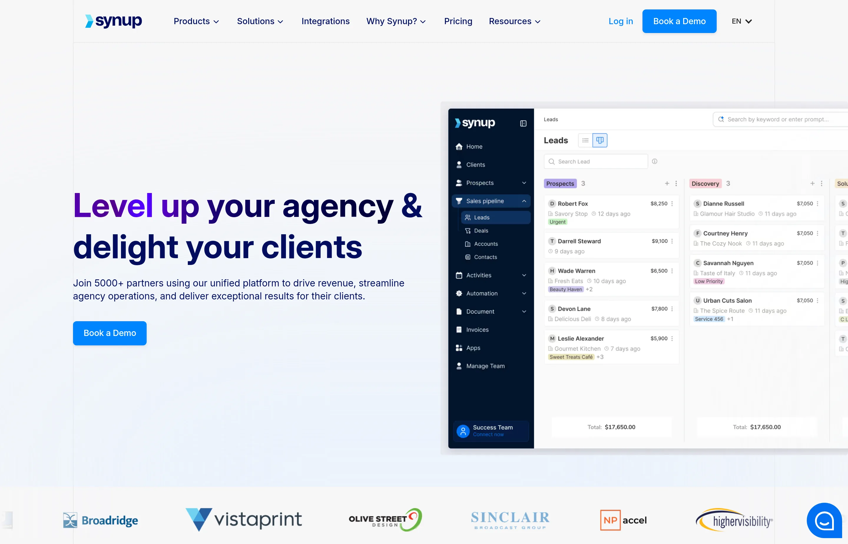 The Synup homepage, showing its agency-oriented local marketing and listings platform.