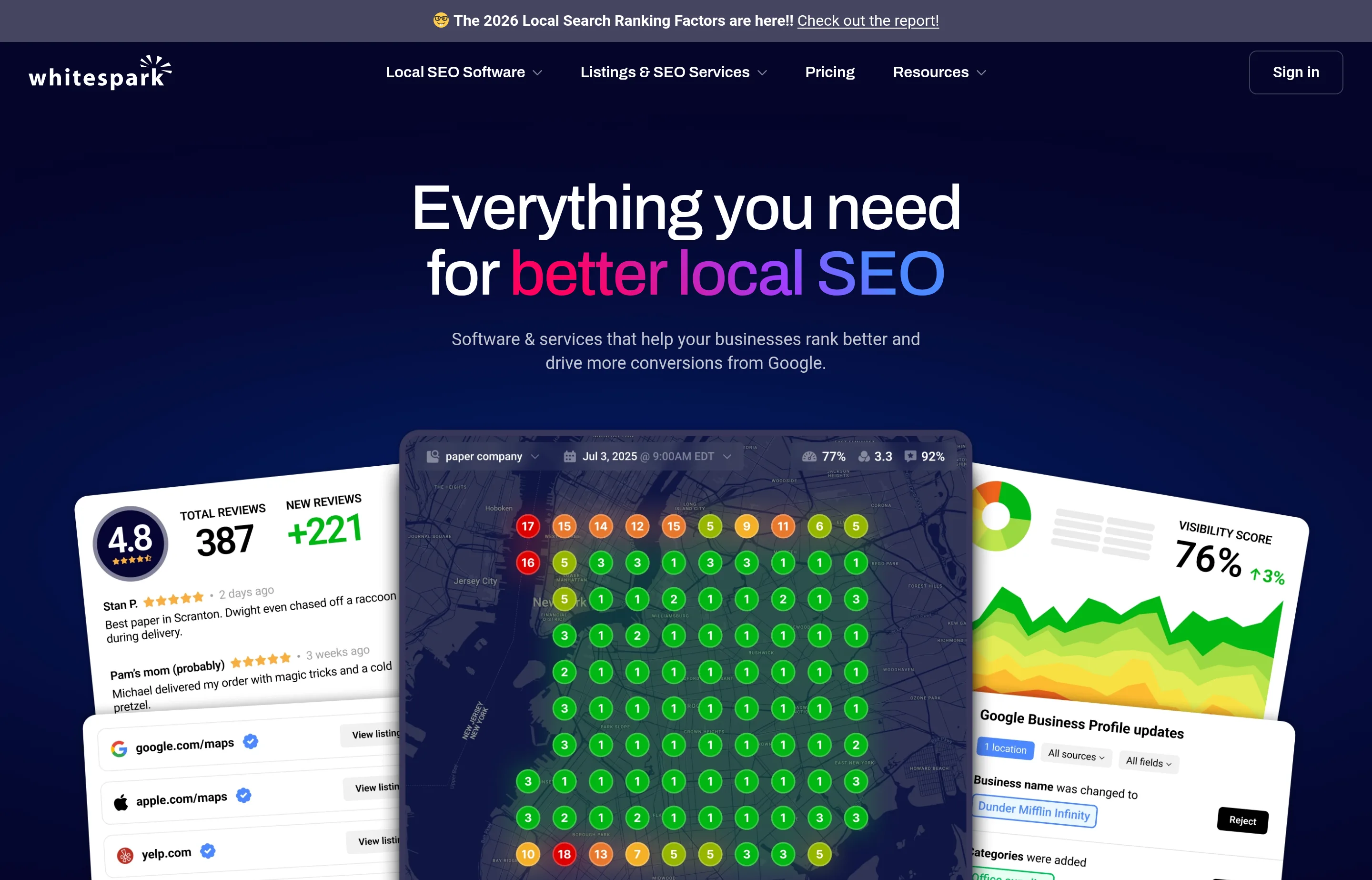 Whitespark's homepage, showing its local SEO software suite including rank tracking, citation building, and reputation tools.