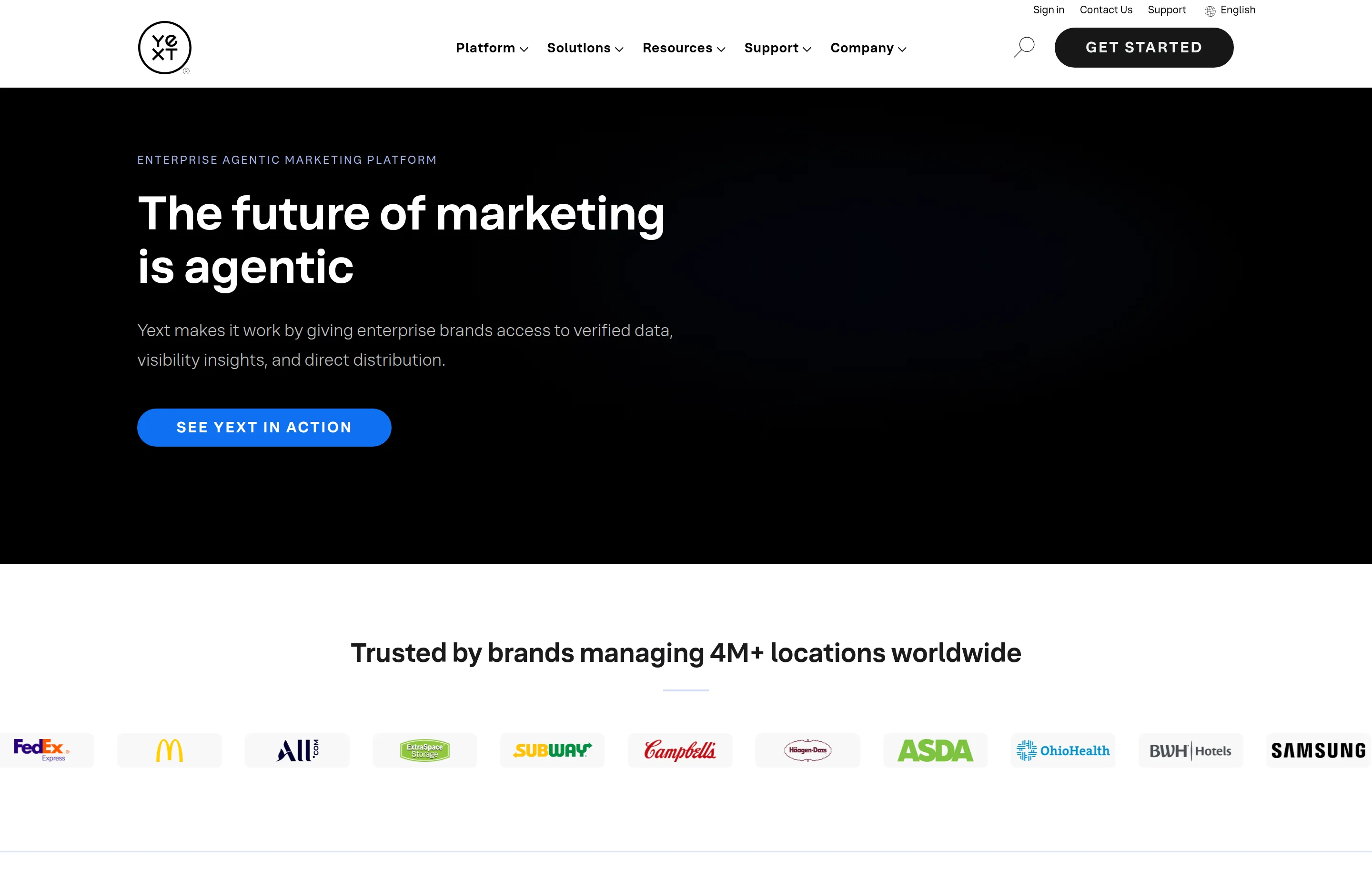 The Yext homepage, showing its digital presence and listings management platform for multi-location brands.