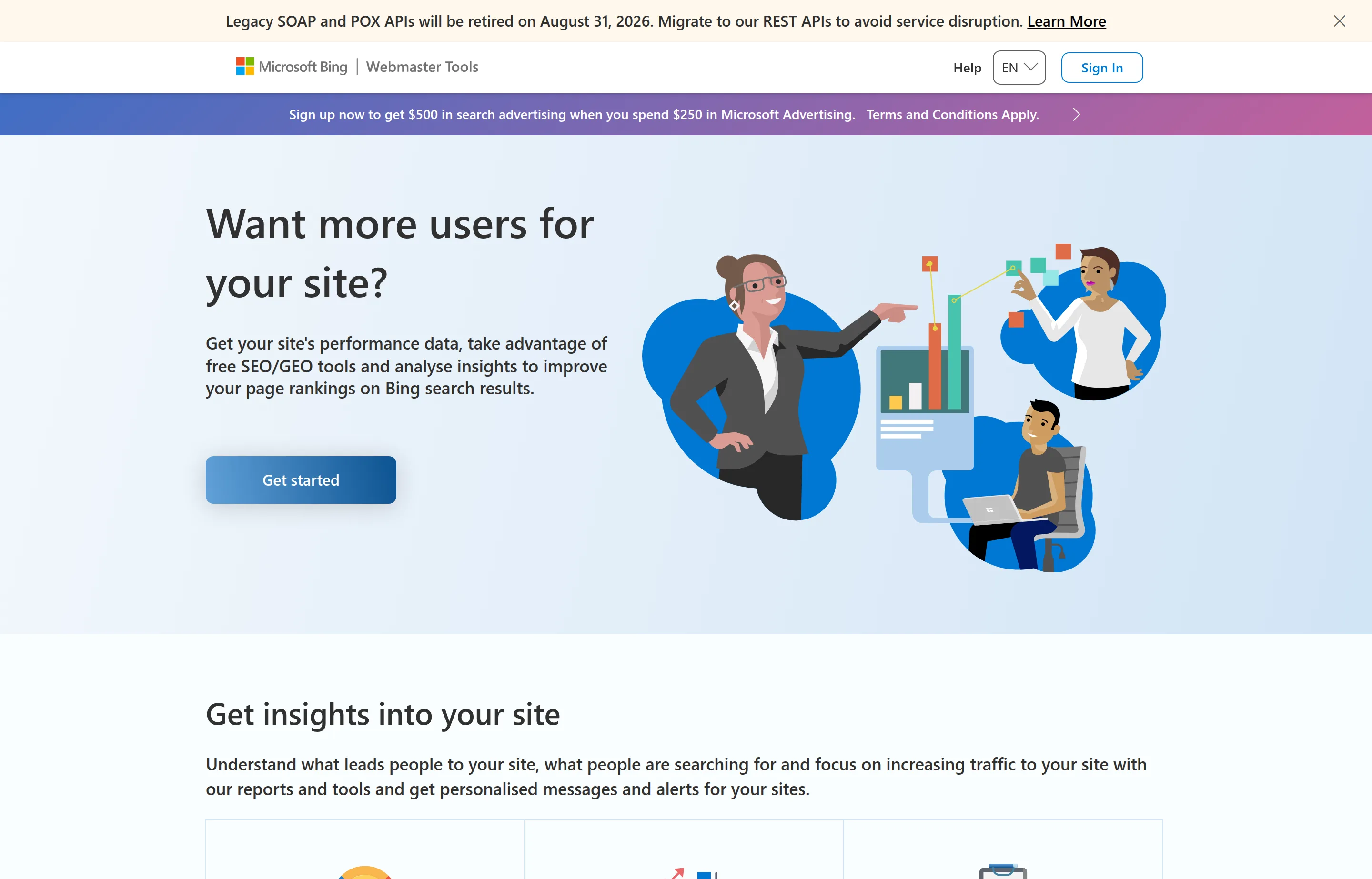 The Bing Webmaster Tools about page, showing its free SEO reporting and site indexing features.