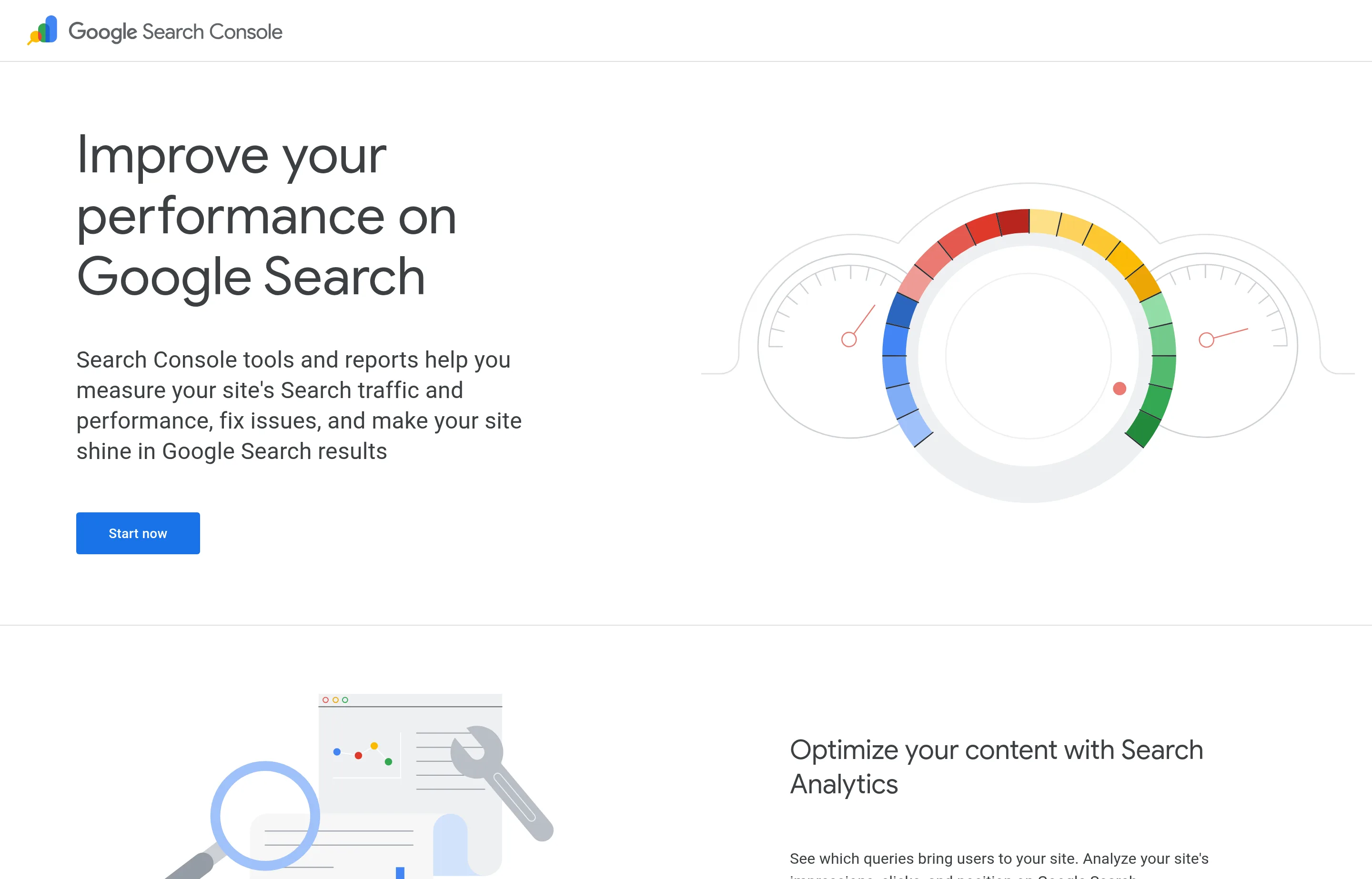 The Google Search Console product page, showing its search performance reporting and indexing tools for site owners.