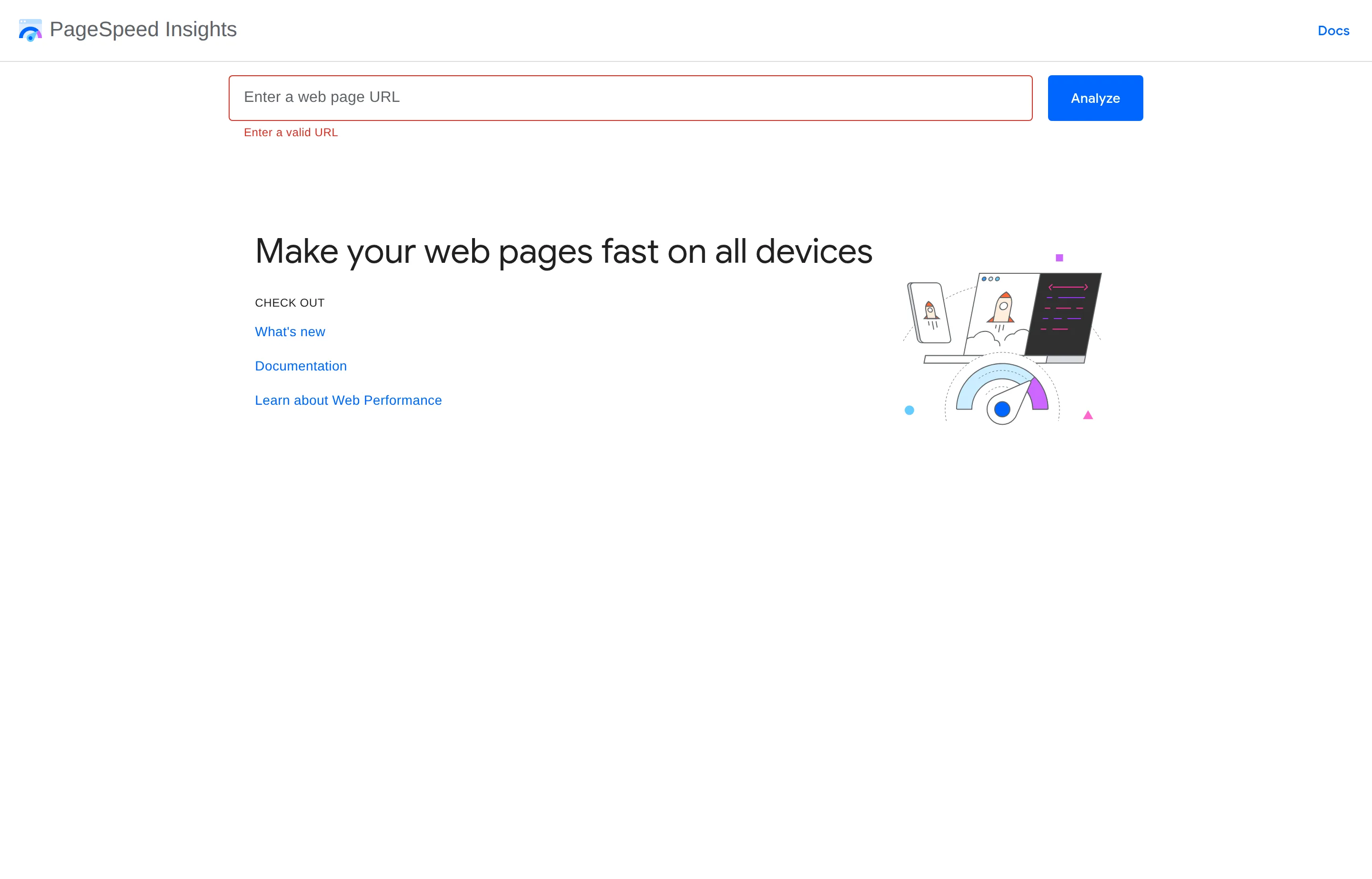 The PageSpeed Insights homepage, showing the free page speed and Core Web Vitals testing tool.