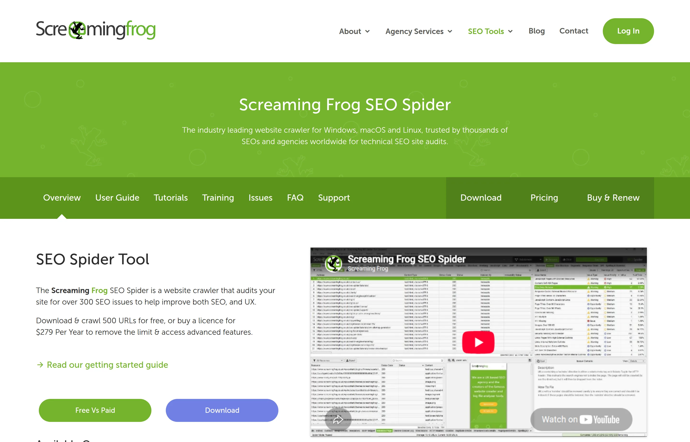 The Screaming Frog SEO Spider product page, showing the desktop site crawler used for technical SEO audits.