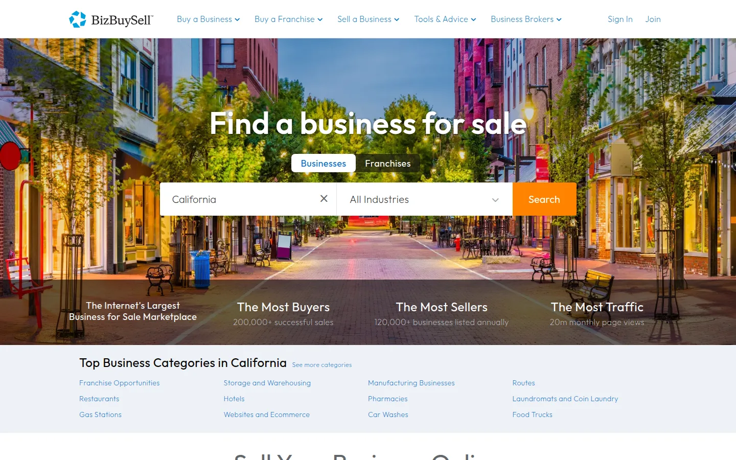 The BizBuySell website, the largest business-for-sale marketplace.