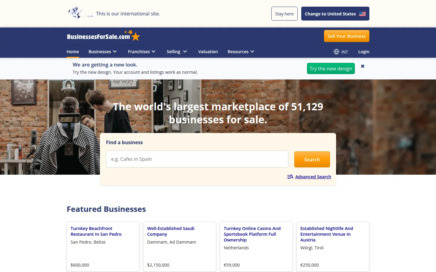 The BusinessesForSale.com website, an international business-for-sale marketplace.