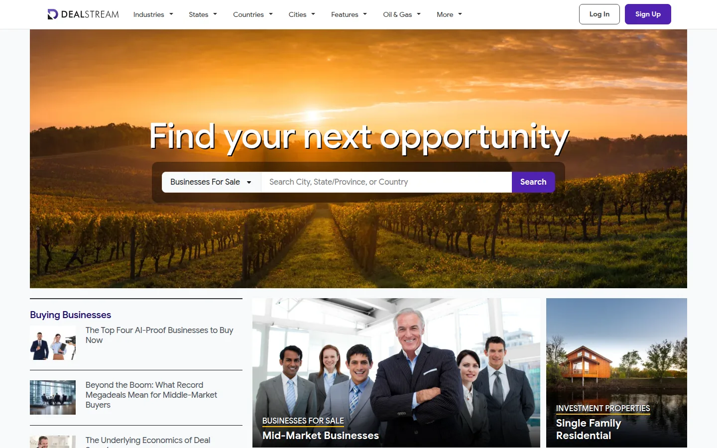 The DealStream website, a deal-sourcing network for businesses and assets.